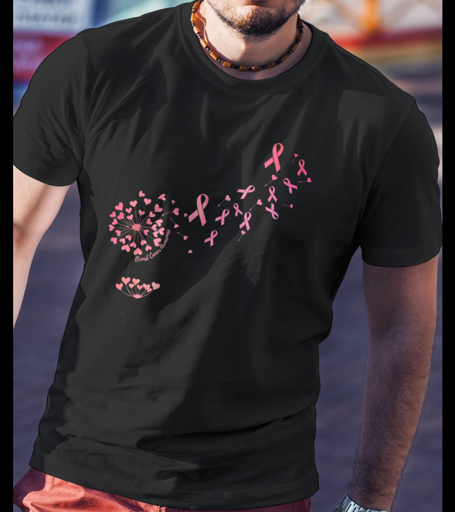 Flower Heart Dandelion Breast Cancer Awareness Ribbons T-Shirt