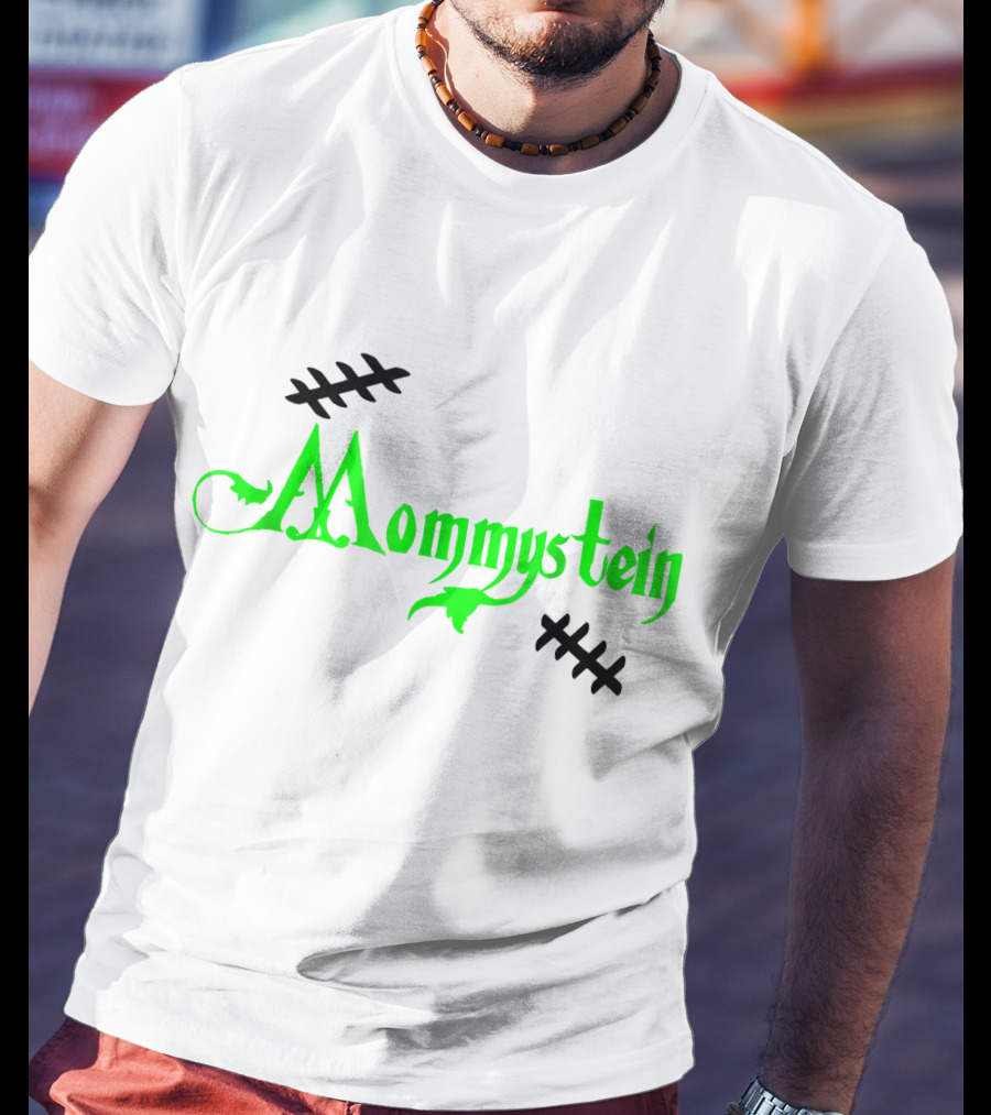 Mommystein Frankenstein Inspired Green And Black Stitched Text T-Shirt