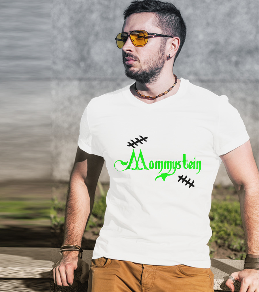 Mommystein Frankenstein Inspired Green And Black Stitched Text T-Shirt