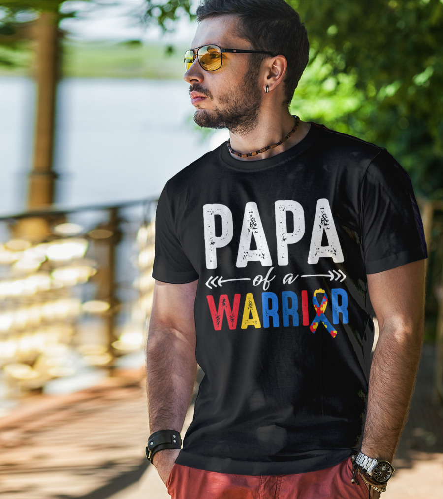 Papa Of A Warrior Autism Awareness Grandpa Colorful Puzzle T-Shirt