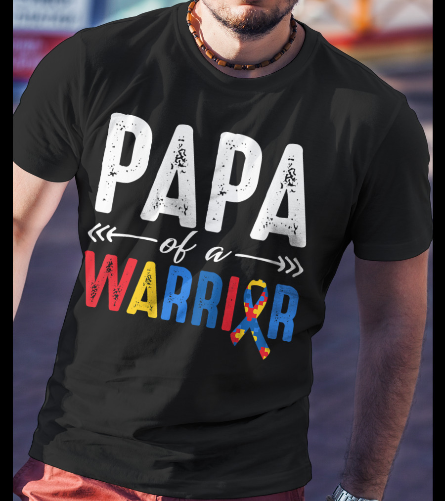 Papa Of A Warrior Autism Awareness Grandpa Colorful Puzzle T-Shirt
