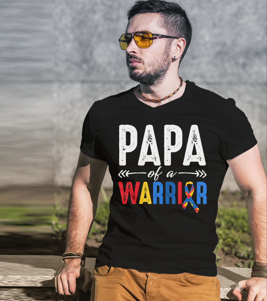 Papa Of A Warrior Autism Awareness Grandpa Colorful Puzzle T-Shirt