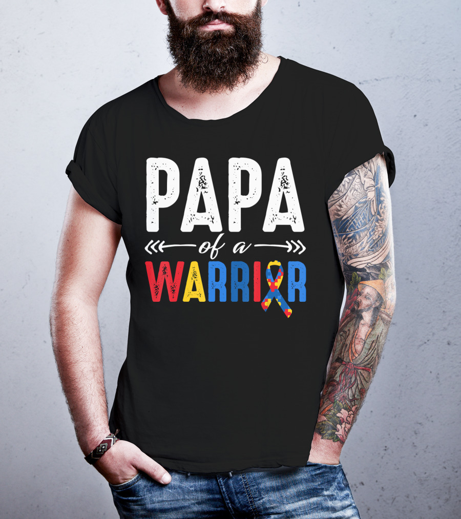 Papa Of A Warrior Autism Awareness Grandpa Colorful Puzzle T-Shirt