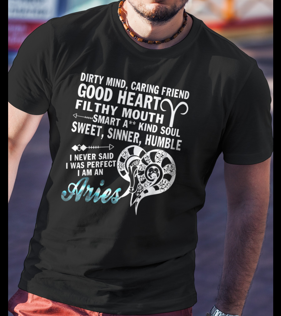 Dirty Mind Caring Friend Good Heart Filthy Mouth Smart Kind Soul Sweet Sinner Humble I Never Said I Was Perfect I Am An Aries T-Shirt