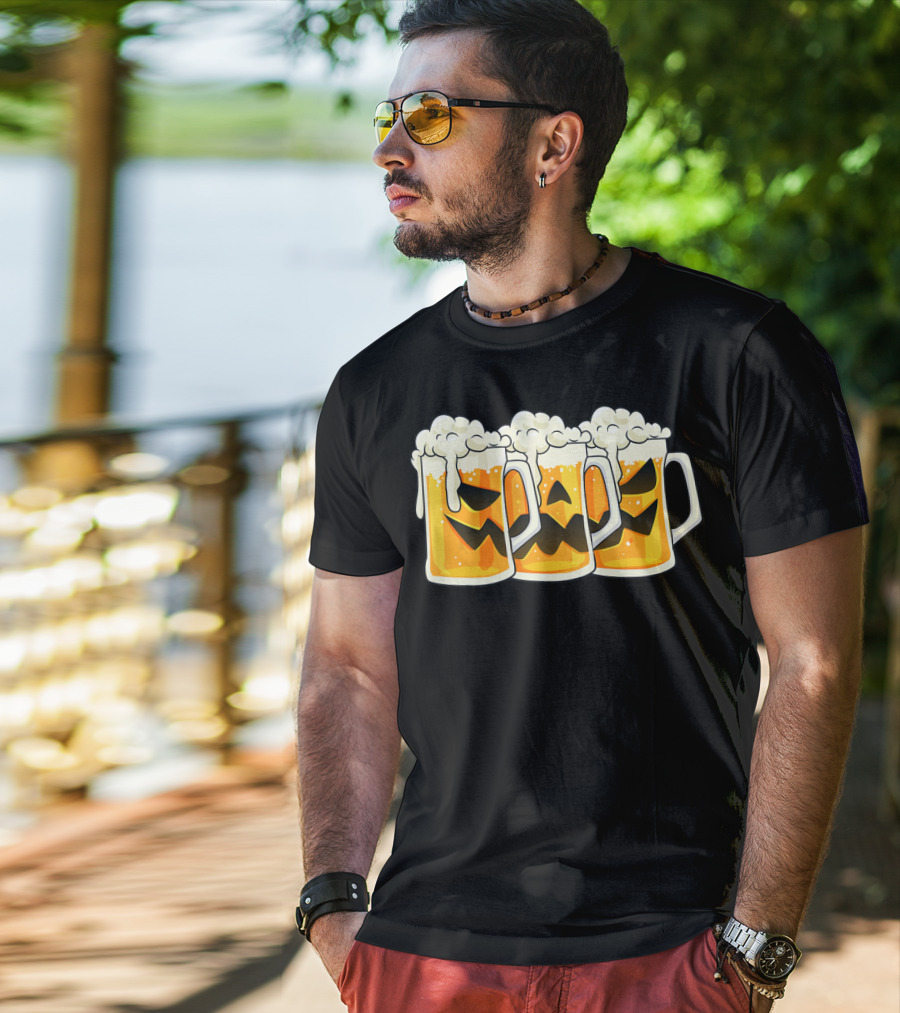 Halloween Jack O Lantern Beer Mug Faces T-Shirt