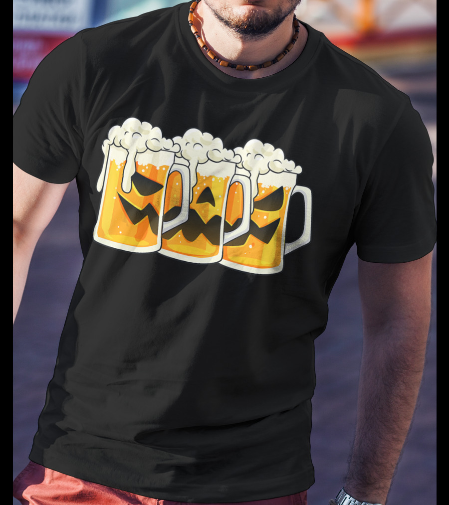 Halloween Jack O Lantern Beer Mug Faces T-Shirt