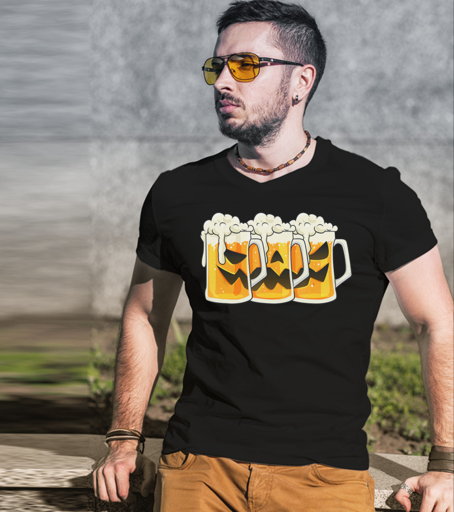 Halloween Jack O Lantern Beer Mug Faces T-Shirt