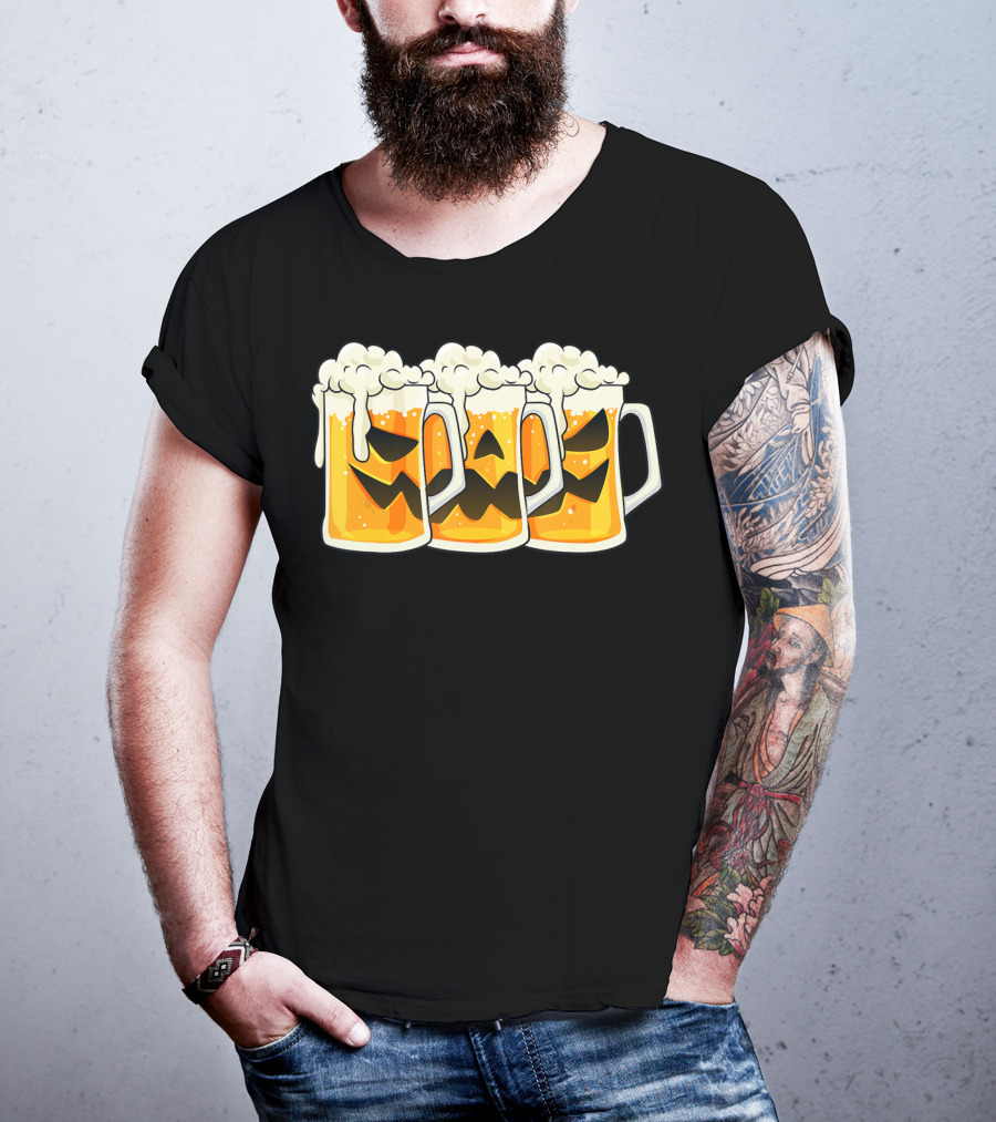 Halloween Jack O Lantern Beer Mug Faces T-Shirt