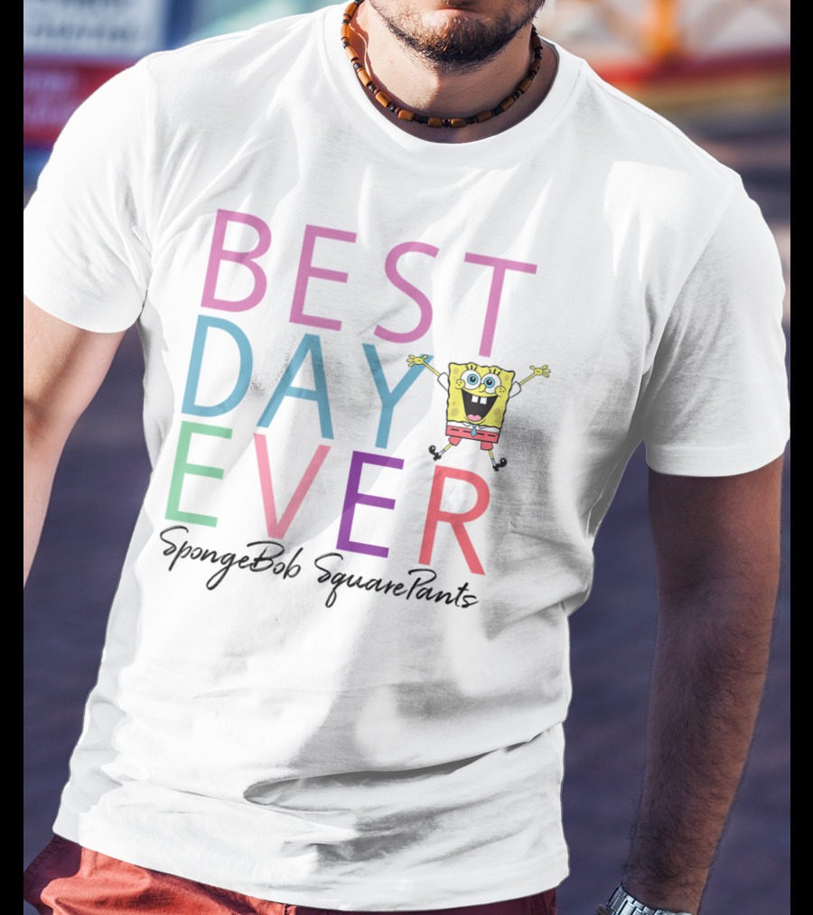 SpongeBob SquarePants Best Day Ever Colorful Text And Character Jumping T-Shirt