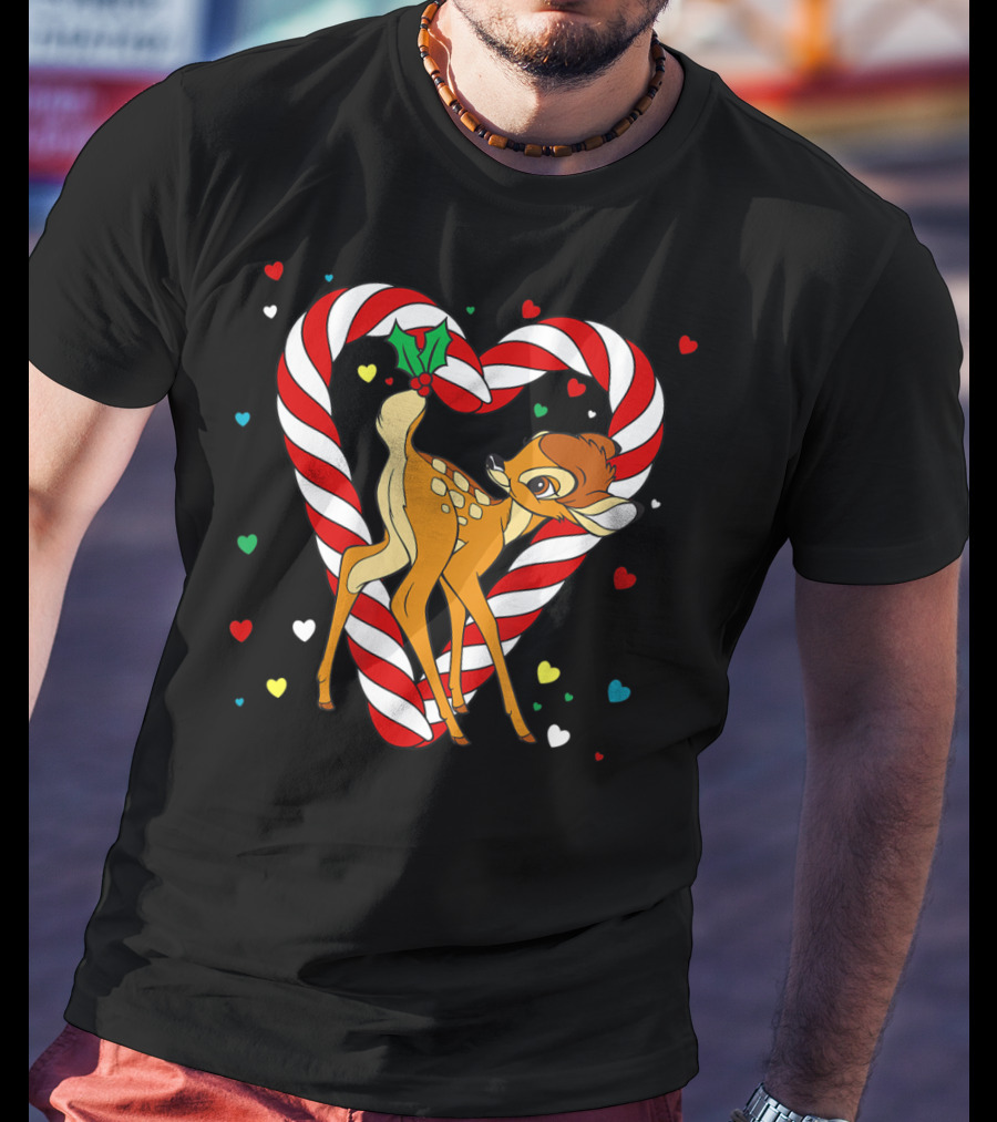Disney Bambi Candy Cane Heart With Colorful Hearts T-Shirt