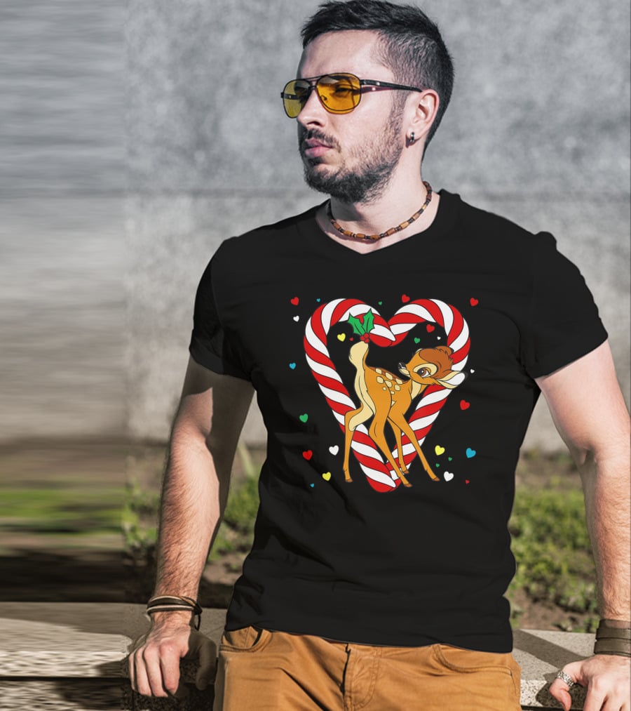 Disney Bambi Candy Cane Heart With Colorful Hearts T-Shirt