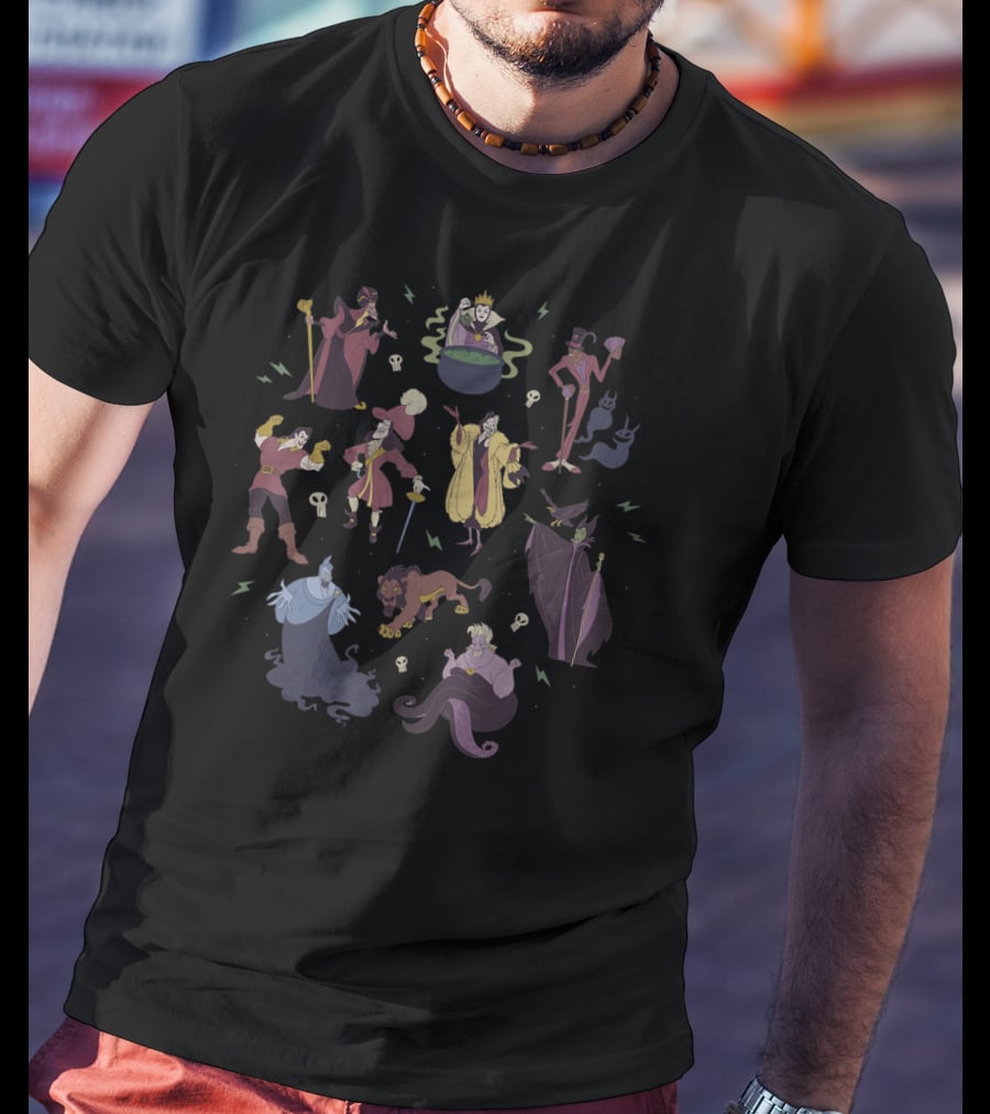 Disney Villains Group Shot Iconic Characters Doodles T-Shirt