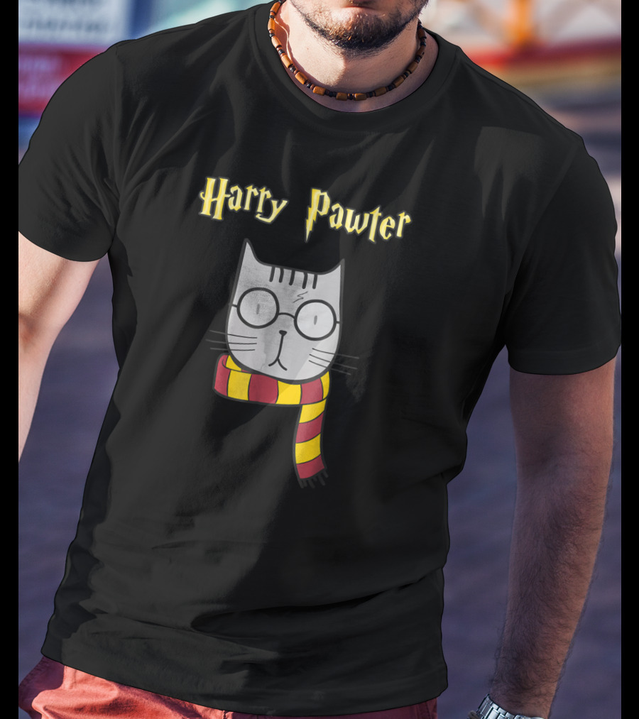Harry Pawter Magic Cat With Glasses And Gryffindor Scarf T-Shirt
