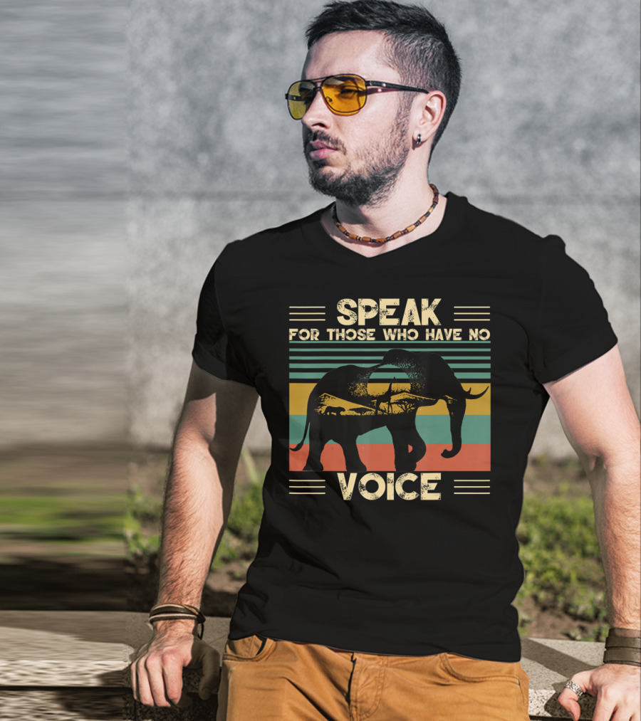 Speak For Those Who Have No Voice Elephant With Striped Sunset Background T-Shirt