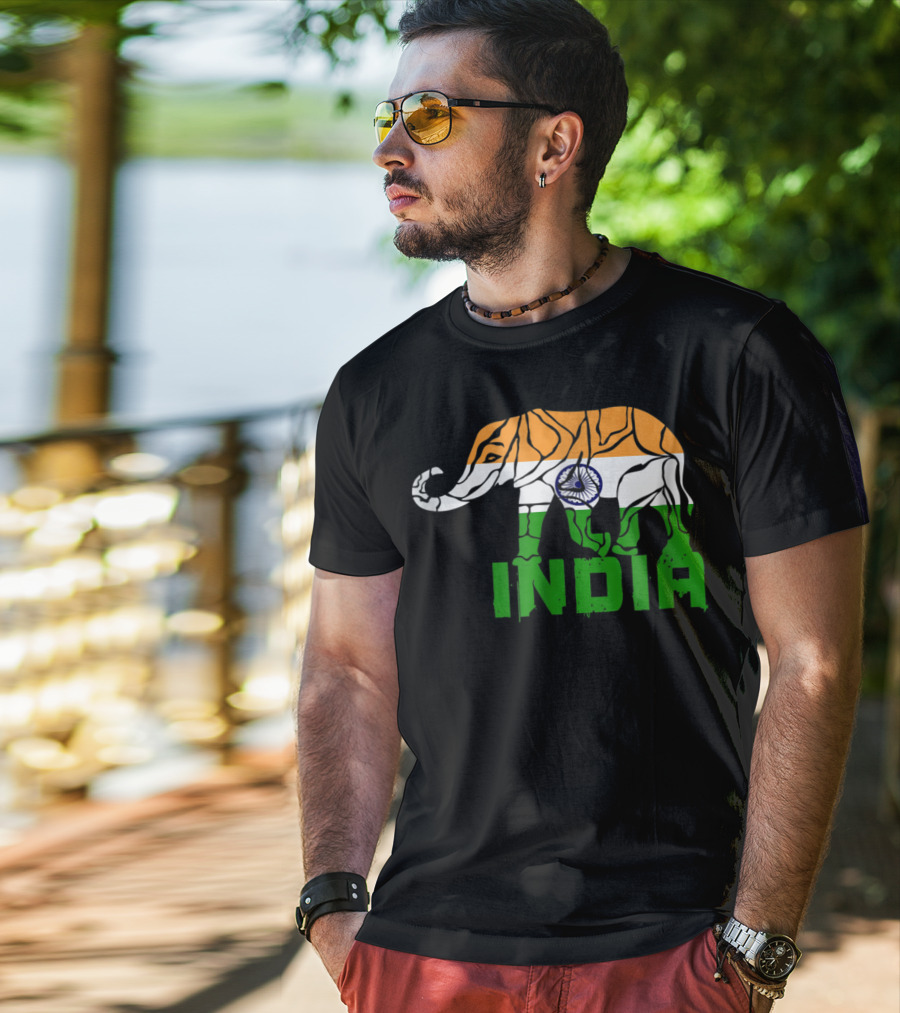 India Elephant With National Flag Colors And India Text T-Shirt