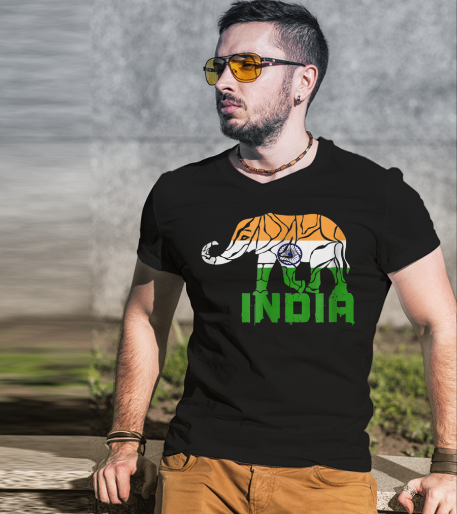 India Elephant With National Flag Colors And India Text T-Shirt