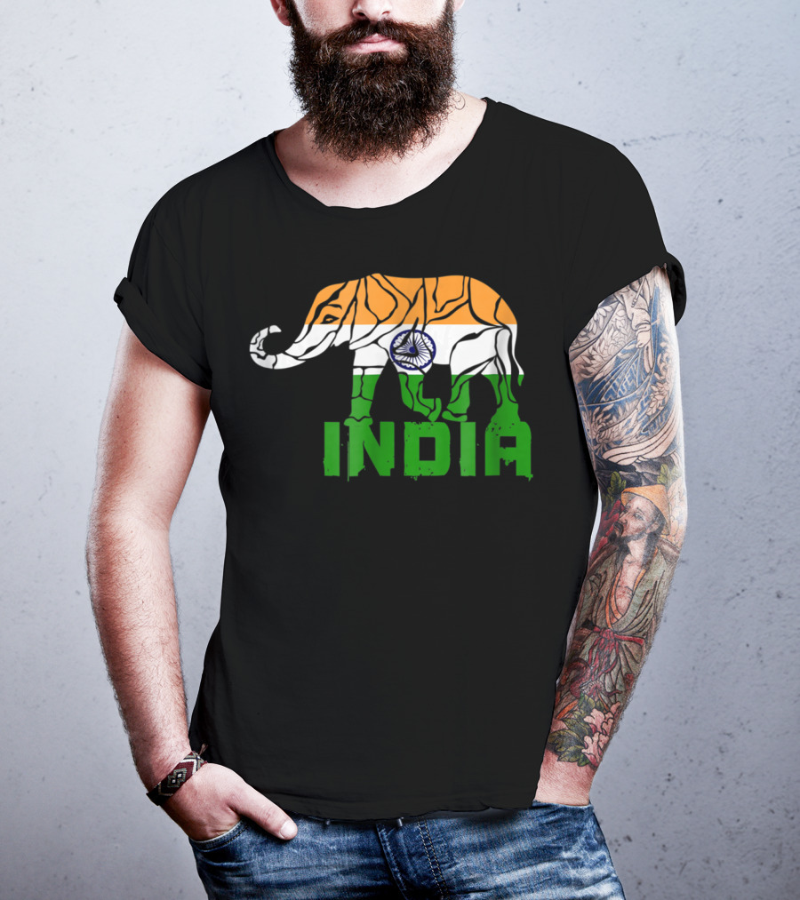 India Elephant With National Flag Colors And India Text T-Shirt