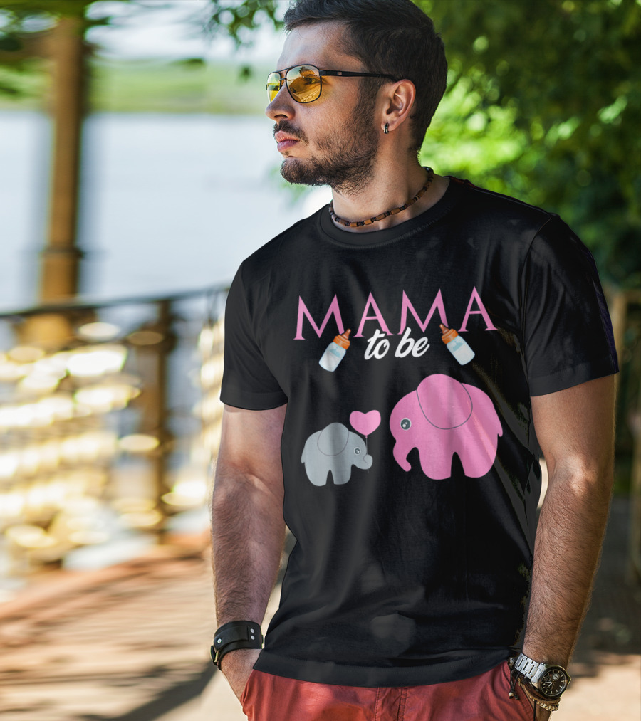 Mama To Be Pink Elephant Baby Shower With Milk Bottles And Heart Balloon T-Shirt