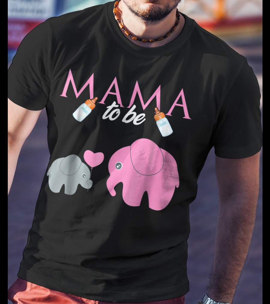 Mama To Be Pink Elephant Baby Shower With Milk Bottles And Heart Balloon T-Shirt