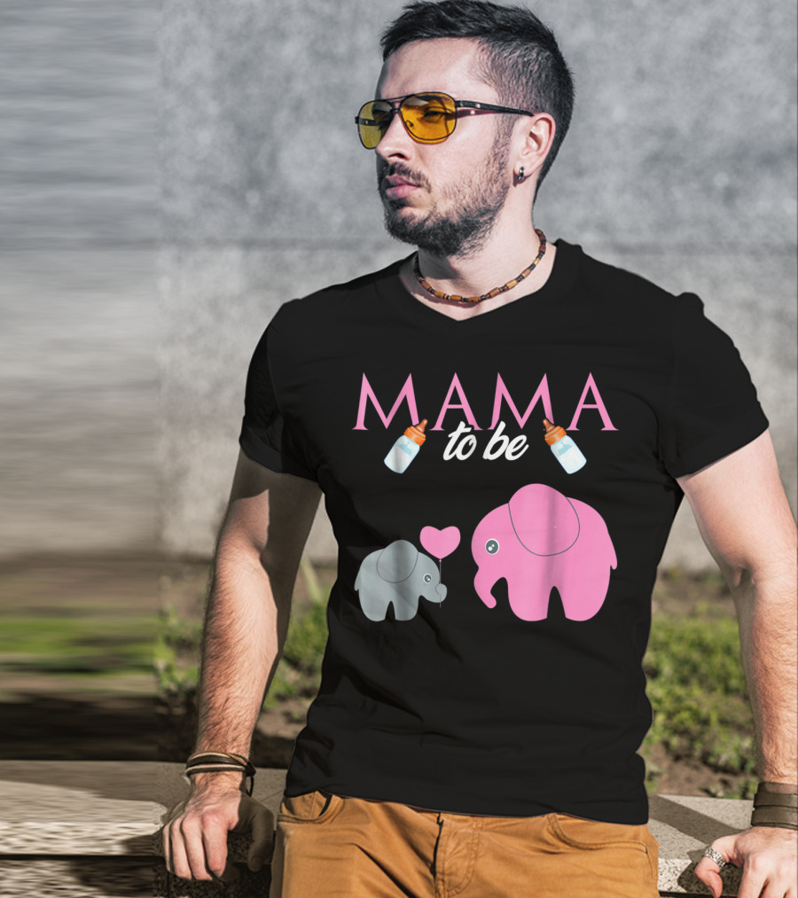 Mama To Be Pink Elephant Baby Shower With Milk Bottles And Heart Balloon T-Shirt