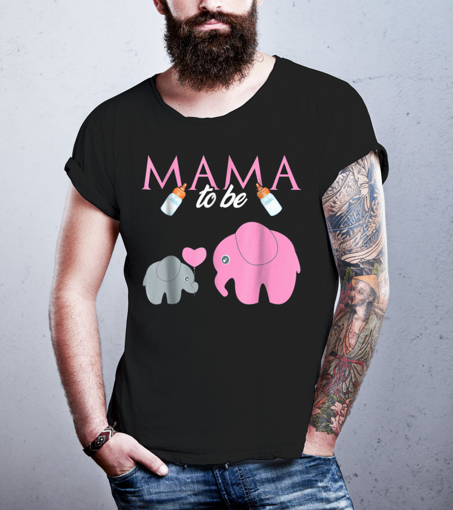 Mama To Be Pink Elephant Baby Shower With Milk Bottles And Heart Balloon T-Shirt