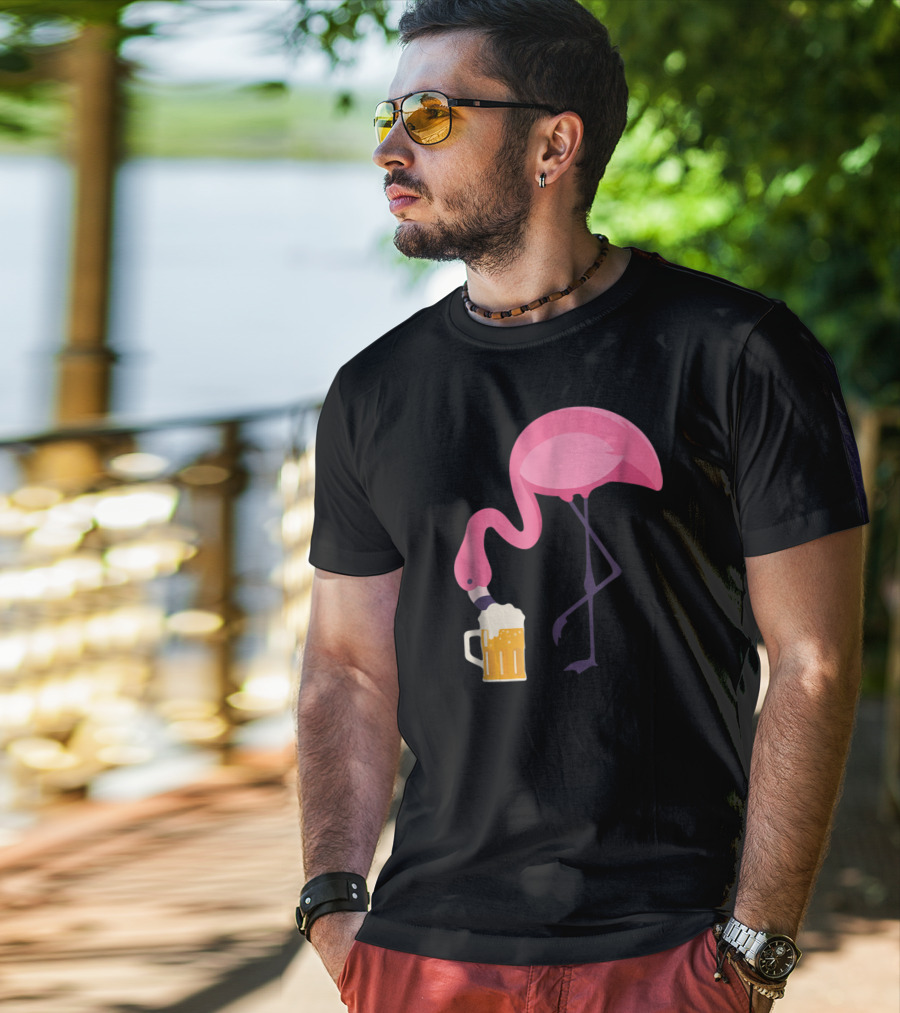 Flamingo Drinking Beer Concept With Pink Bird And Pint Glass T-Shirt