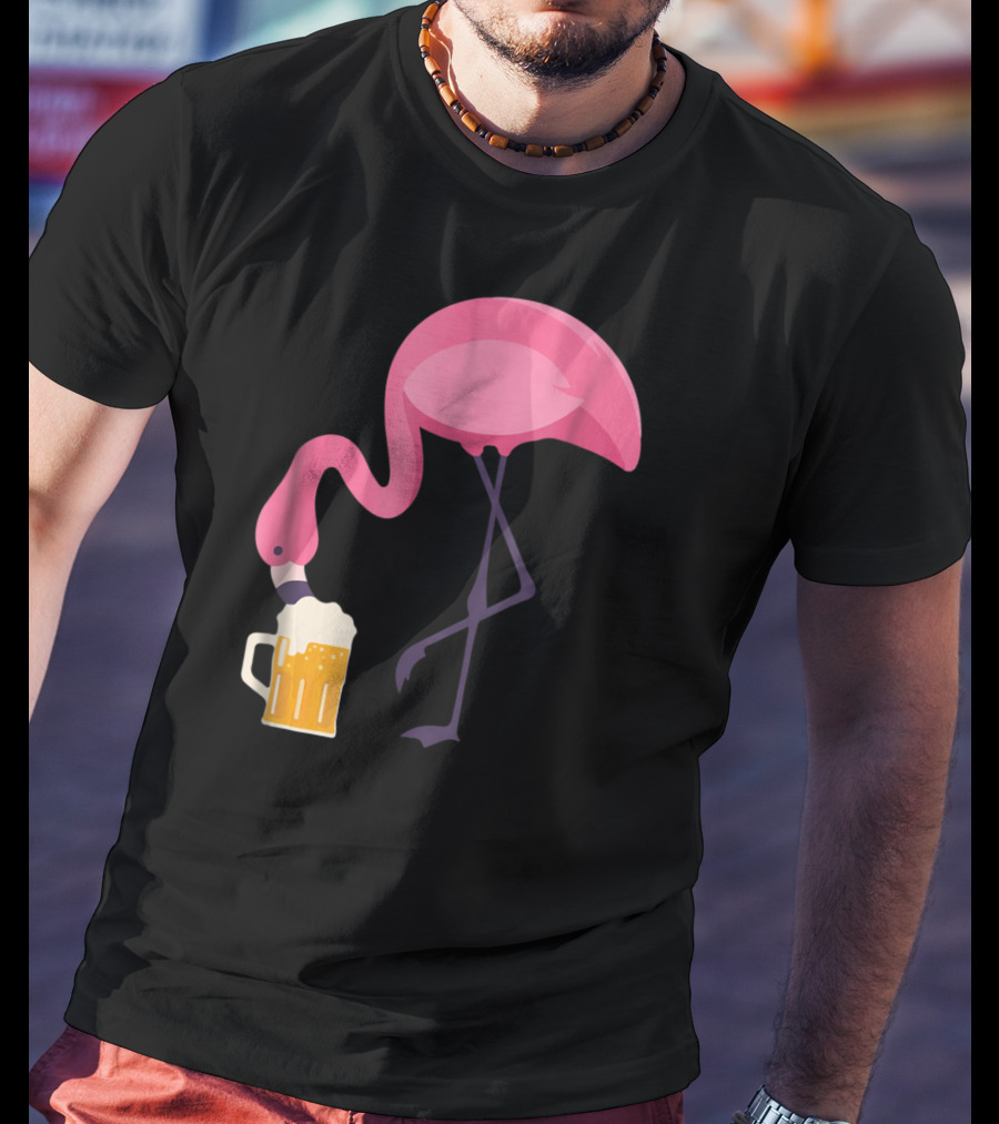 Flamingo Drinking Beer Concept With Pink Bird And Pint Glass T-Shirt