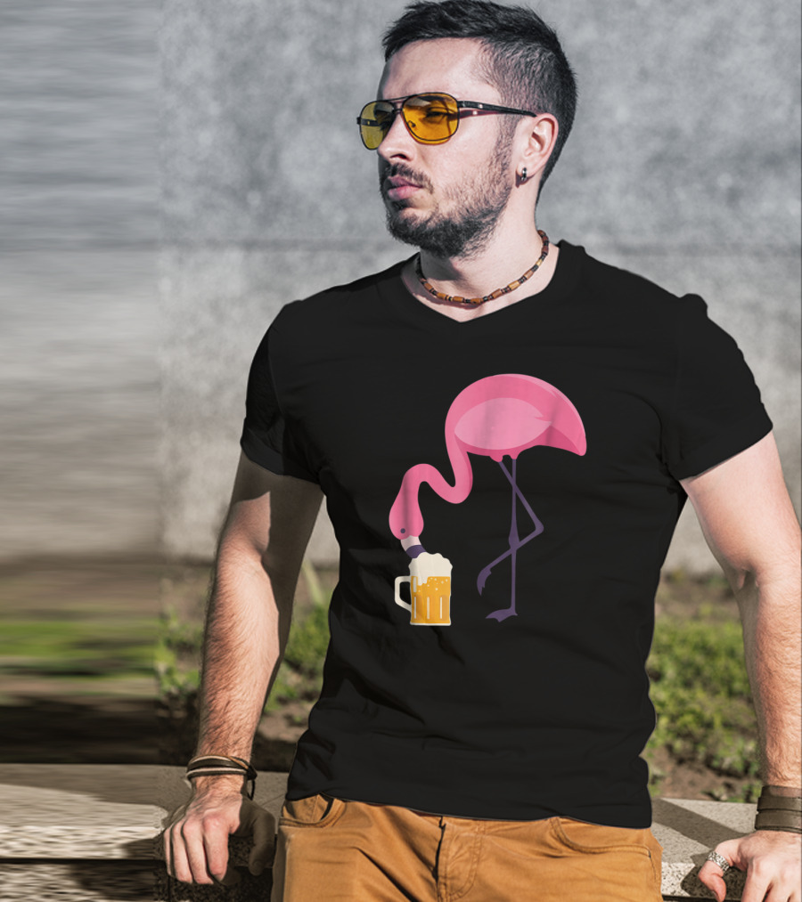 Flamingo Drinking Beer Concept With Pink Bird And Pint Glass T-Shirt