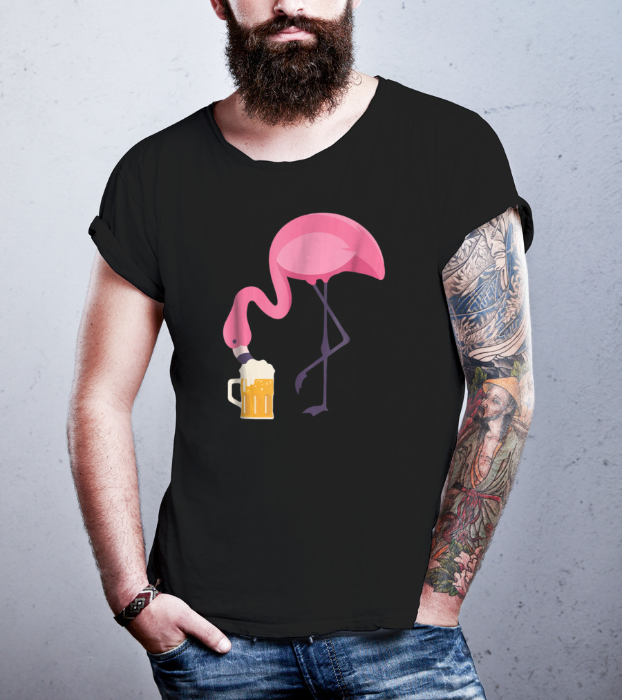 Flamingo Drinking Beer Concept With Pink Bird And Pint Glass T-Shirt