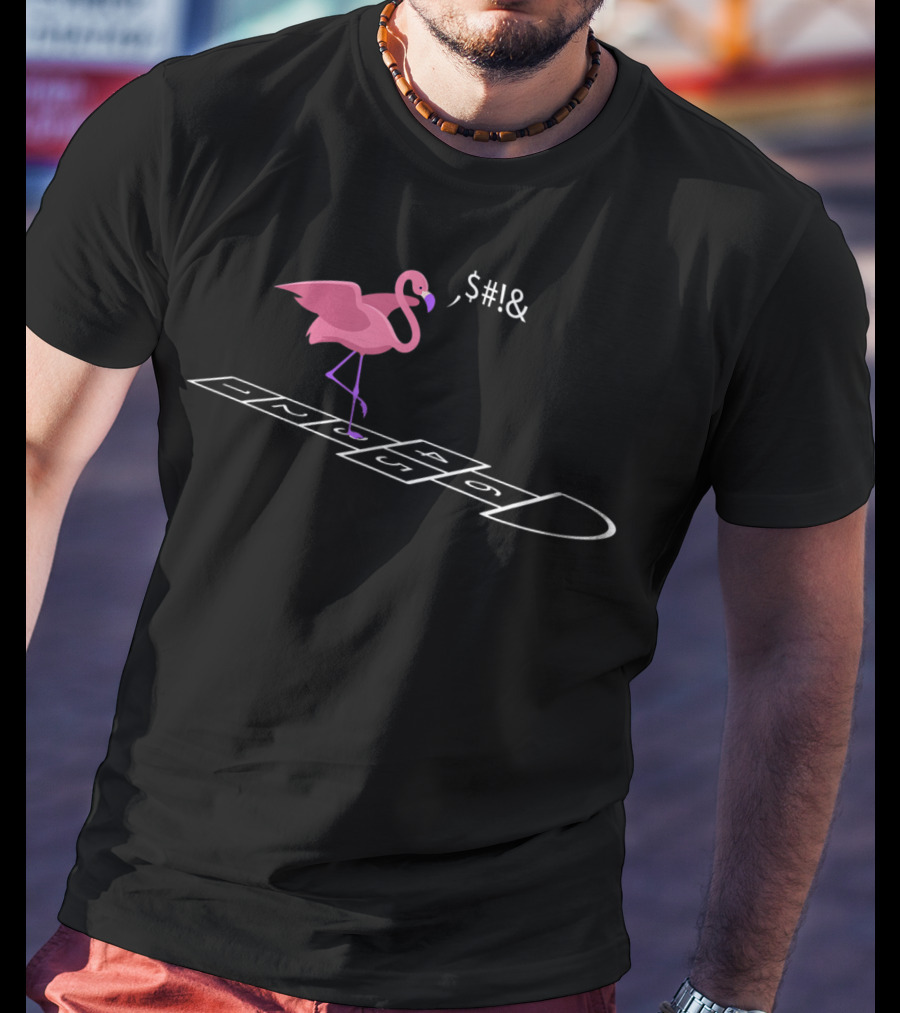 Funny Flamingo Frustrated At Hopscotch Game On Beach Vacation T-Shirt