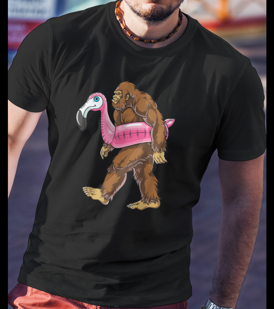 Pool Party Bigfoot Pink Flamingo Sasquatch Float T-Shirt