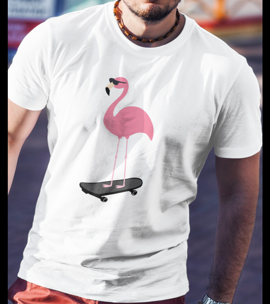 Cool Pink Flamingo Skateboard Sunglasses Bird Pun T-Shirt