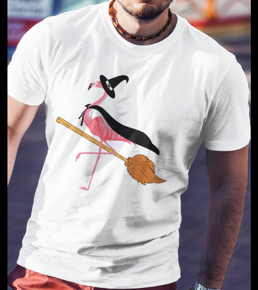 Funny Flamingo Witch Riding Broomstick T-Shirt