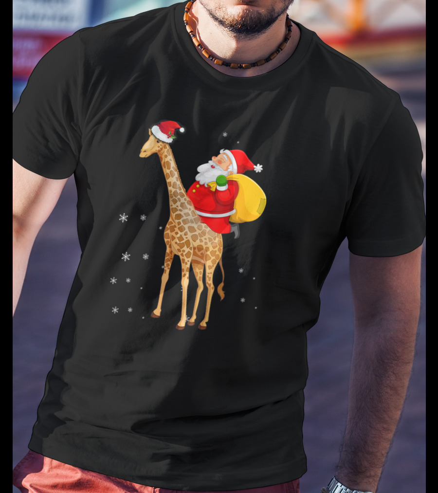 Santa Claus Riding A Giraffe With Snowflakes T-Shirt