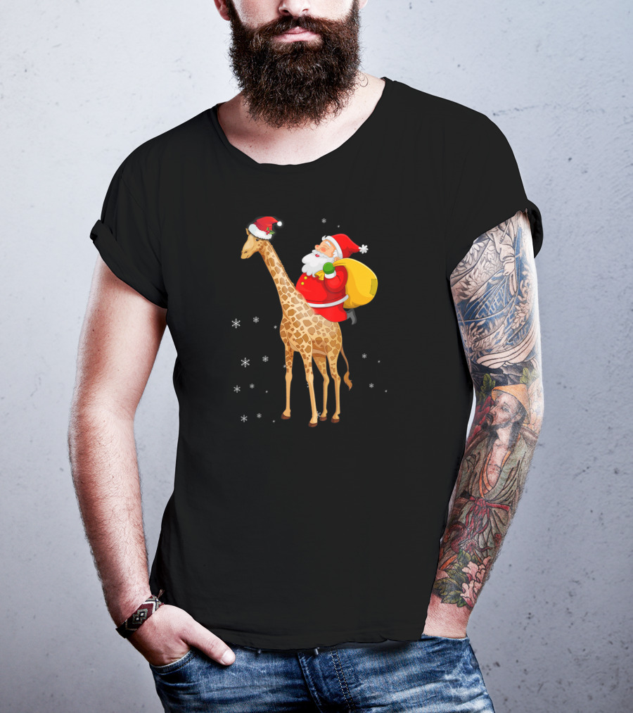 Santa Claus Riding A Giraffe With Snowflakes T-Shirt