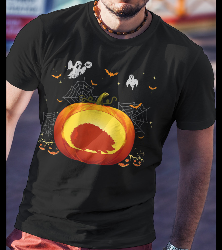 Hedgehog Silhouette In Halloween Pumpkin With Ghosts And Spiderwebs T-Shirt