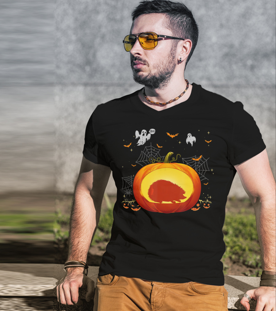 Hedgehog Silhouette In Halloween Pumpkin With Ghosts And Spiderwebs T-Shirt