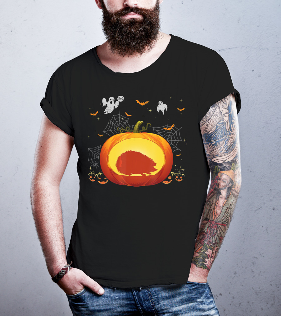Hedgehog Silhouette In Halloween Pumpkin With Ghosts And Spiderwebs T-Shirt
