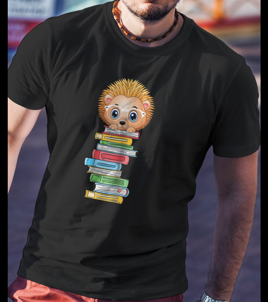 Hedgehog Book Lover With Glasses Hugging Colorful Book Stack T-Shirt