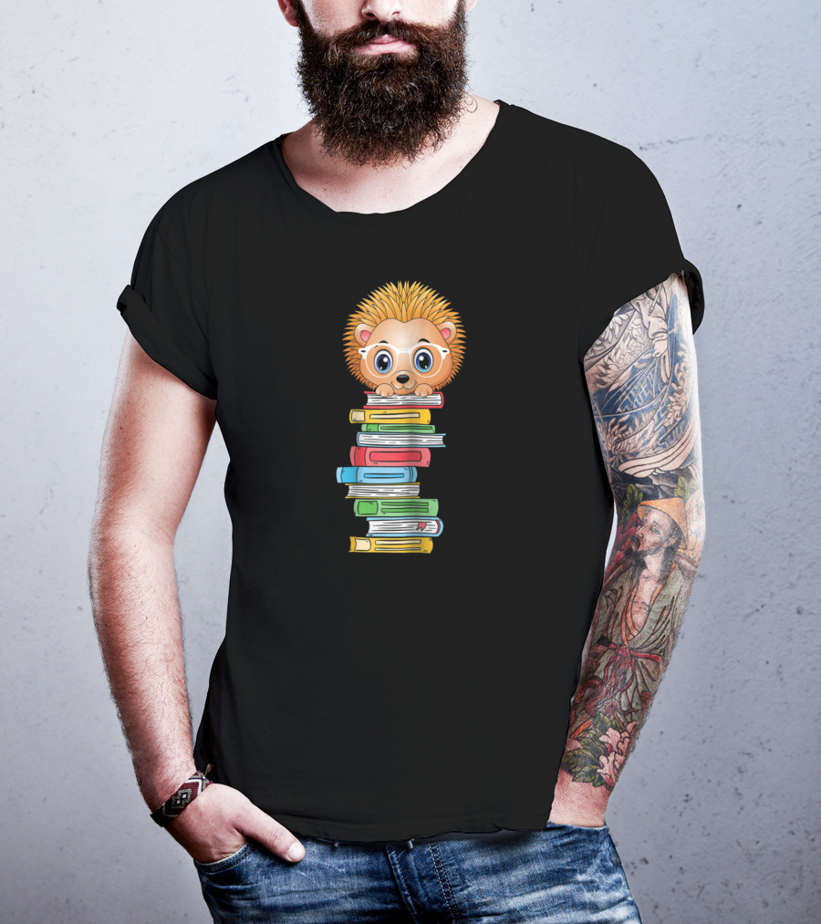 Hedgehog Book Lover With Glasses Hugging Colorful Book Stack T-Shirt