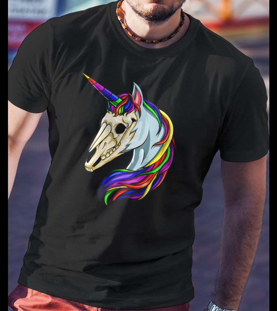 Halloween Unicorn Skeleton Horse Rainbow Head With Colorful Mane T-Shirt