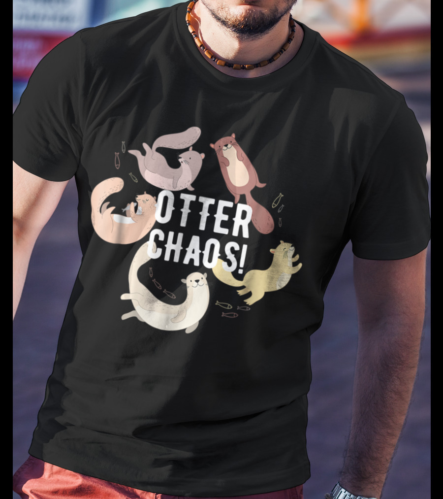 Otter Chaos Playful Otters Tumbling With Fish T-Shirt