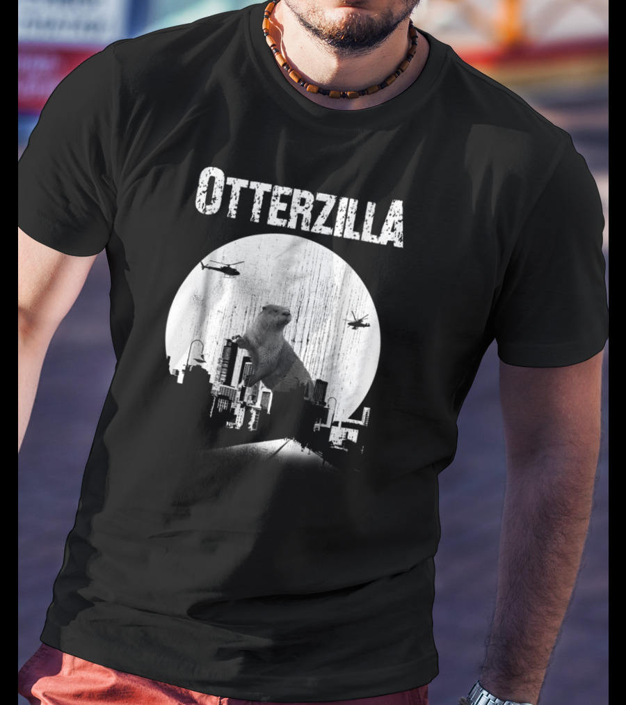 Otterzilla Funny Otter Cute Otters Lover Cityscape Helicopters T-Shirt