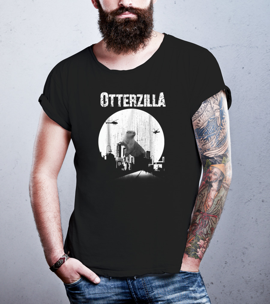 Otterzilla Funny Otter Cute Otters Lover Cityscape Helicopters T-Shirt