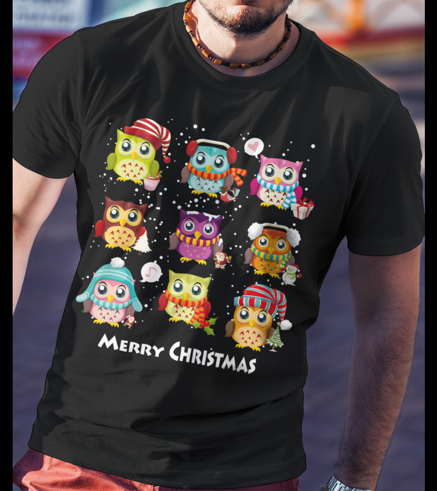 Merry Christmas Cute Owl Festive Holiday Scene T-Shirt