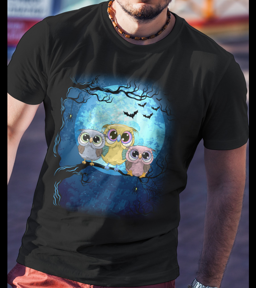 Night Family Owls Under Full Moon With Bats And Spiders T-Shirt