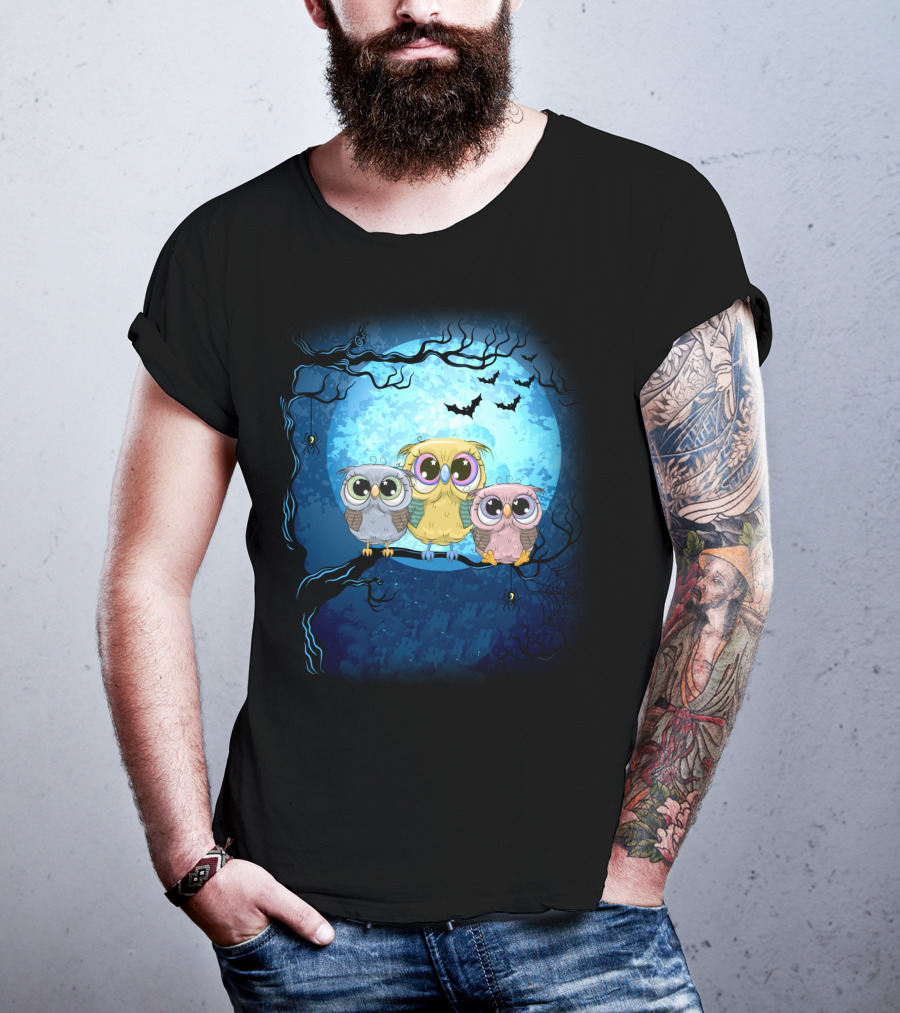 Night Family Owls Under Full Moon With Bats And Spiders T-Shirt