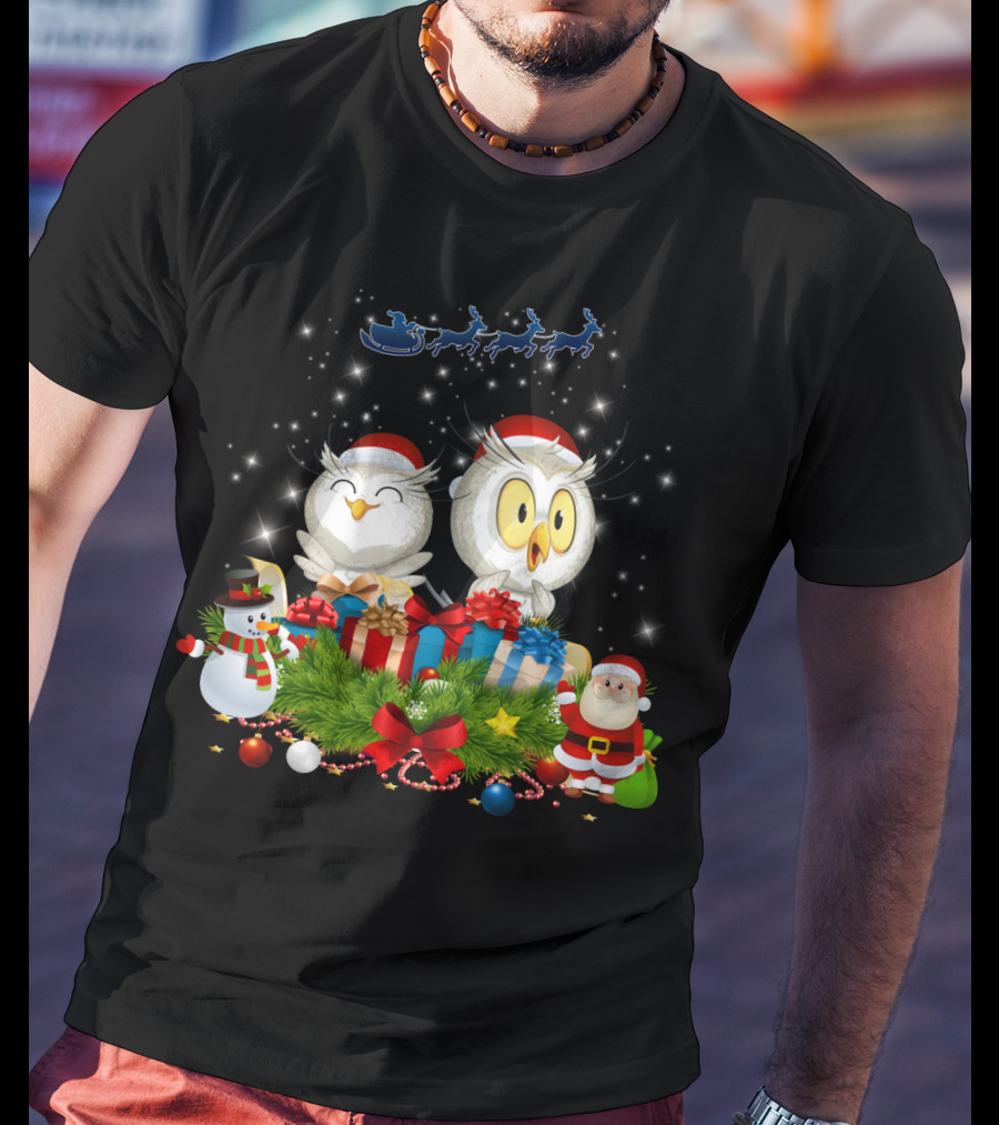 Waiting For Santa Owls With Gifts And Snowman Scene T-Shirt