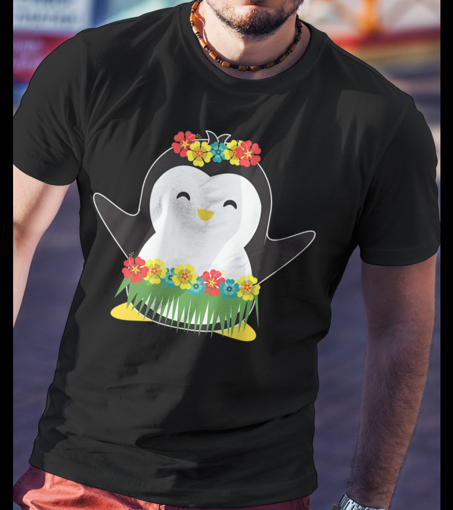 Penguin With Hula Skirt And Hawaiian Flowers Luau Party T-Shirt
