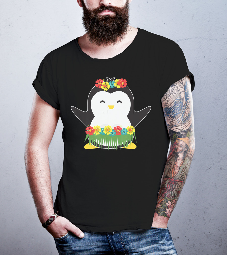 Penguin With Hula Skirt And Hawaiian Flowers Luau Party T-Shirt